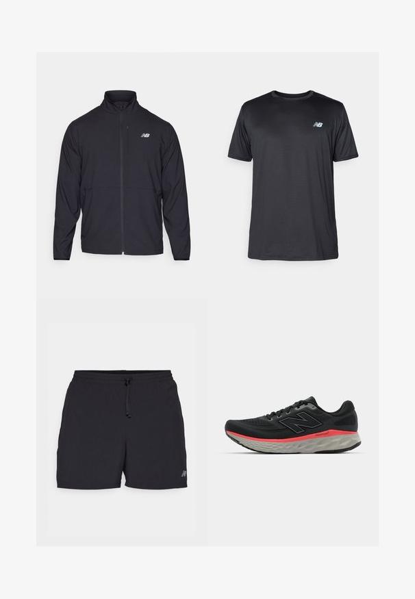 Jachetă neagră cu fermoar, cu guler înalt, dintr-un material ușor și cu mâneci lungi. Dispune de un mic logo reflectorizant pe pieptul stâng.; New Balance Bluză sport - black; Șorturi atletice negre, confecționate dintr-un material ușor. Au un brâu elastic cu șnur, buzunare laterale și un accent mic cu logo.; Adidași negri de alergare cu partea superioară din plasă, accentuați de o bandă roz la mijlocul tălpii și o talpă exterioară gri. Prezintă detalii texturate și un design de talpă flexibil.