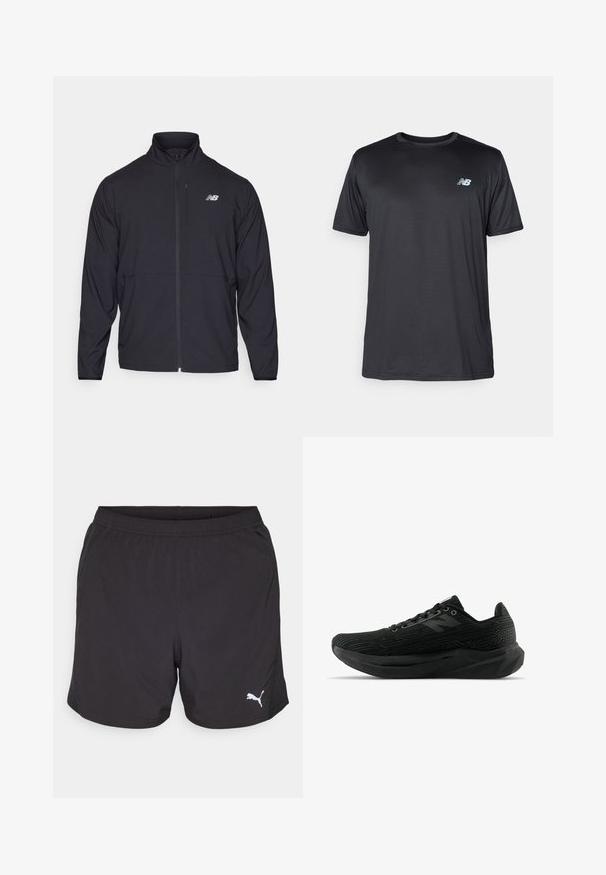 Casaco preto com fecho éclair, colarinho alto, tecido leve e mangas longas. Apresenta um pequeno logótipo refletor no lado esquerdo do peito.; New Balance T-shirt desportiva - black; Calções atléticos pretos feitos de tecido leve, com um cós elástico e um pequeno logótipo branco da Puma no lado esquerdo.; Sapatilha atlética preta com parte superior texturizada, apresentando um design elegante, fecho com atacadores e uma sola mais espessa com padrão para melhorar a aderência.