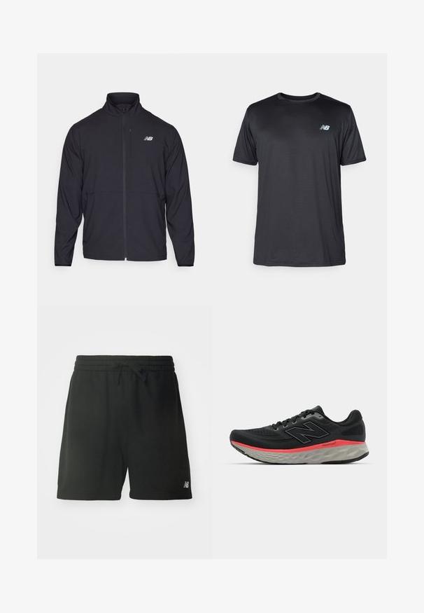 Svart jakke med glidelås og høy krage, lett stoff og lange ermer. Har en liten, reflekterende logo på venstre bryst.; New Balance T-skjorte til trening - black; Svarte bomulls sportsshorts med elastisk midje, justerbar snor, og logo detalj på nedre venstre bein. Glatt tekstur.; Svarte joggesko med mesh-overdel, accentuert av en rosa mellomsålestripe og grå yttersåle. Har teksturerte detaljer og et fleksibelt såledesign.