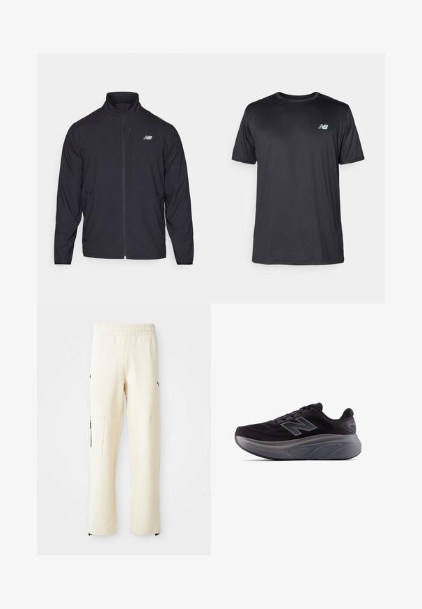 Crna jakna na zip s visokim ovratnikom, lagani materijal i dugi rukavi. Sadrži mali reflektirajući logo na lijevoj strani prsnog područja.; New Balance Sportska majica - black; Svijetlosmeđi dukserice hlače izrađene od mekog materijala. Sadrže crni logo, bočne džepove sa zatvaračima i opušteni kroj.; Crne sportske tenisice s teksturiranim gornjim dijelom, ojačanim petom i debelim sivim potplatom. Sadrže istaknuti logo "N".
