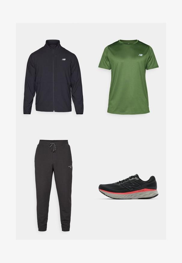 Casaco preto com fecho éclair, colarinho alto, tecido leve e mangas longas. Apresenta um pequeno logótipo refletor no lado esquerdo do peito.; New Balance T-shirt desportiva - dark alpine green; Calças de jogging pretas feitas de tecido macio, com um cordão na cintura, tornozelos ajustados e um pequeno logotipo na parte inferior.; Sapatilha de corrida preta com parte superior de malha, acentuada por uma faixa rosa na entressola e sola cinza. Apresenta detalhes texturizados e um design de sola flexível.