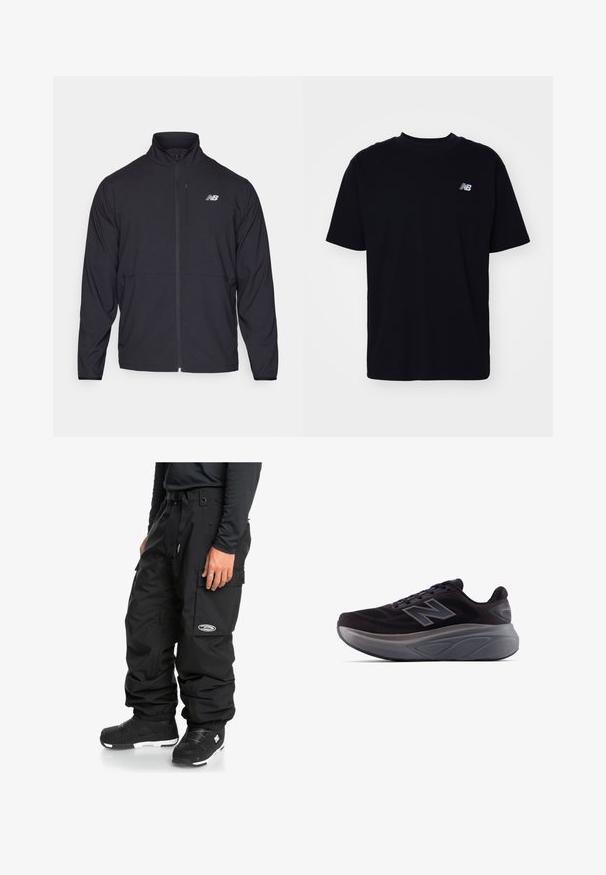 Black zip-up jacket with a high collar, lightweight fabric, and long sleeves. Features a small, reflective logo on the left chest.; Black cotton t-shirt with a round neck, short sleeves, and a small embossed logo on the left chest. Classic fit and smooth texture.; Quiksilver SNOW DOWN CARGO PANT - Snowboard pants - true black; Black athletic shoe with a textured upper, reinforced heel, and a thick gray sole. Features a prominent "N" logo.