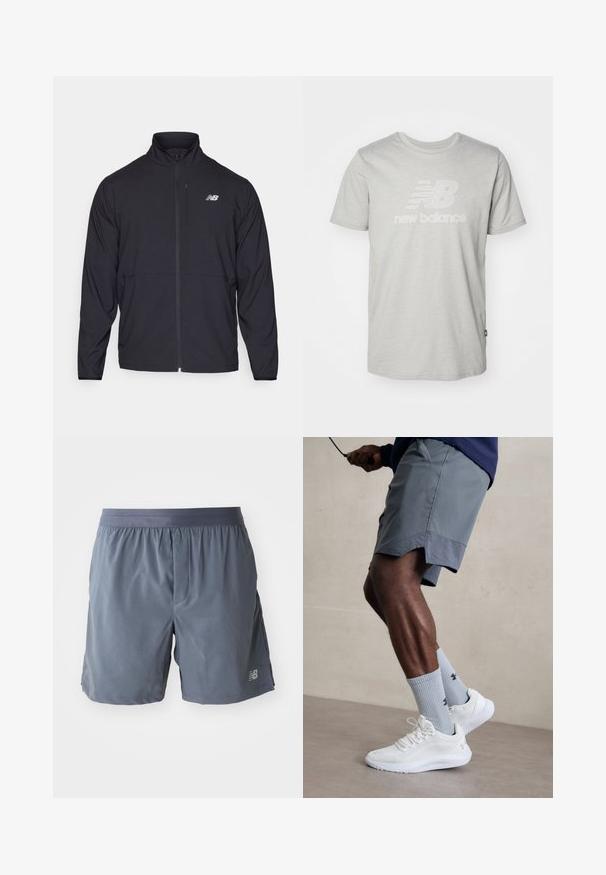 Černá zipová bunda s vysokým límcem, vyrobena z lehkého materiálu a s dlouhými rukávy. Obsahuje malé, reflexní logo na levé hrudi.; Světle šedé bavlněné tričko s krátkým rukávem, které má uprostřed bílé stylizované logo "NB" a text "new balance".; Pánské sportovní šortky ve tmavě šedé barvě, vyrobené z lehkého materiálu. Mají elastický pás a malé logo na dolní části nohavic.; Bílé sportovní boty s texturovaným síťovaným svrškem, spárované se světle modrými pruhovanými ponožkami s logem. Šedé sportovní šortky s perforovaným lemem.