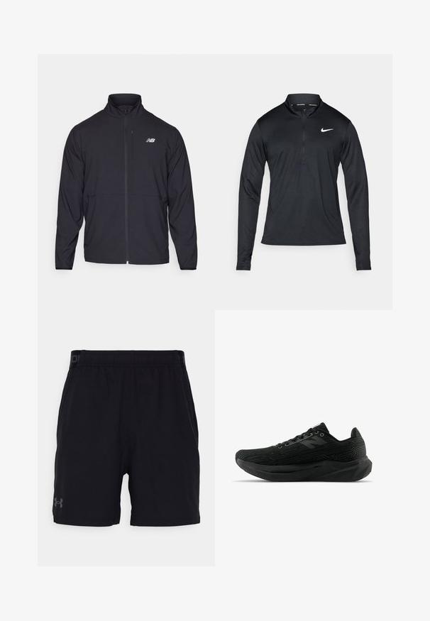 Jachetă neagră cu fermoar, cu guler înalt, dintr-un material ușor și cu mâneci lungi. Dispune de un mic logo reflectorizant pe pieptul stâng.; Tricou sportiv lung cu mânecă negru, cu guler cu fermoar până la jumătate, realizat dintr-un material neted, având un logo Nike alb pe partea stângă a pieptului.; Șorturi sportive negre, cu un talie elastică, având un logo subtil în gri pe piciorul stâng. Material neted, design până la genunchi.; Pantoful sportiv negru, cu un material texturat, având un design elegant, sistem de închidere cu șireturi și o talpă mai groasă, cu un profil texturat pentru o aderență îmbunătățită.