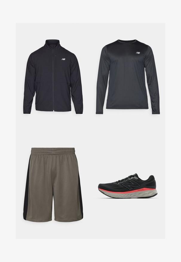 Casaco preto com fecho éclair, colarinho alto, tecido leve e mangas longas. Apresenta um pequeno logótipo refletor no lado esquerdo do peito.; Camisa atlética de manga longa em preto, feita de um tecido suave e leve com uma textura subtil. Apresenta um pequeno logótipo na parte superior esquerda do peito.; Calções desportivos em caqui feitos de um tecido de malha texturada, com painéis laterais pretos, cintura elástica e um corte descontraído para maior conforto.; Sapatilha de corrida preta com parte superior de malha, acentuada por uma faixa rosa na entressola e sola cinza. Apresenta detalhes texturizados e um design de sola flexível.
