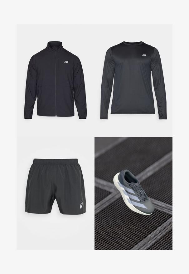 Veste noire zippée avec un col montant, en tissu léger et à manches longues. Présente un petit logo réfléchissant sur la poitrine gauche.; T-shirt de sport à manches longues en noir, fabriqué en tissu léger et lisse avec une texture subtile. Présente un petit logo sur le côté supérieur gauche de la poitrine.; ASICS CORE SHORT - Short de sport - graphite grey; Baskets grises et blanches, en matériau synthétique, avec un design épuré, une finition texturée et un système de laçage bien visible.