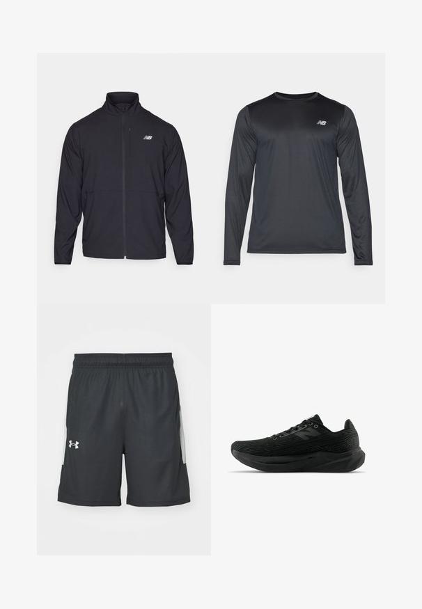 Casaco preto com fecho éclair, colarinho alto, tecido leve e mangas longas. Apresenta um pequeno logótipo refletor no lado esquerdo do peito.; Camisa atlética de manga longa em preto, feita de um tecido suave e leve com uma textura subtil. Apresenta um pequeno logótipo na parte superior esquerda do peito.; Calções atléticos pretos feitos de material leve, com uma cintura elástica e dois bolsos laterais com detalhes cinzentos. Logótipo da Under Armour visível.; Sapatilha atlética preta com parte superior texturizada, apresentando um design elegante, fecho com atacadores e uma sola mais espessa com padrão para melhorar a aderência.