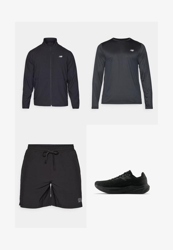 Chaqueta negra con cremallera y alto cuello, de tejido ligero y mangas largas. Presenta un pequeño logo reflectante en el lado izquierdo del pecho.; Camiseta atlética de manga larga en negro, hecha de una tela suave y ligera con una sutil textura. Presenta un pequeño logo en la parte superior izquierda del pecho.; Shorts negros confeccionados en tela suave, con una cintura elástica con cordón y aberturas laterales para facilitar el movimiento.; Zapatilla deportiva negra con parte superior texturizada, que presenta un diseño elegante, cierre de cordones y una suela con mayor grosor y dibujo para mejorar la tracción.