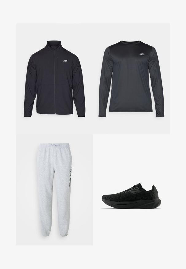 Svart jakke med glidelås og høy krage, lett stoff og lange ermer. Har en liten, reflekterende logo på venstre bryst.; Langermet treningsskjorte i svart, laget av glatt, lett stoff med en subtil tekstur. Har en liten logo på øvre venstre bryst.; Grå joggebukser med elastisk midje, snøring og tapered ankler. Har et side-logo print i svart. Mykt bomullsmateriale.; Svart atletisk sko med teksturert overdel, som har et strømlinjeformet design, snøring og en tykkere såle med mønster for bedre grep.