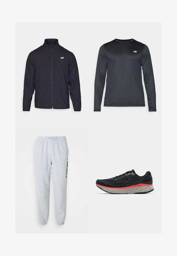 Chaqueta negra con cremallera y alto cuello, de tejido ligero y mangas largas. Presenta un pequeño logo reflectante en el lado izquierdo del pecho.; Camiseta atlética de manga larga en negro, hecha de una tela suave y ligera con una sutil textura. Presenta un pequeño logo en la parte superior izquierda del pecho.; Pantalones de chándal grises con cintura elástica, cordón y tobillos ajustados. Presenta un logo impreso en negro en el lateral. Material de algodón suave.; Zapatilla de correr negra con parte superior de malla, acentuada por una franja de media suela rosa y una suela exterior gris. Presenta detalles texturizados y un diseño de suela flexible.