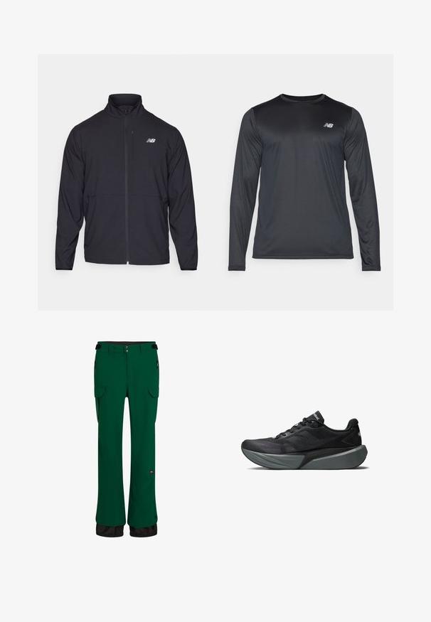 Svart zip-up jacka med hög krage, lättviktsmaterial och långa ärmar. Har en liten, reflexiv logotyp på vänster bröst.; Tröja med långa ärmar för träning i svart, tillverkad av ett slätt och lätt material med en subtil textur. Har en liten logotyp på övre vänstra bröstet.; Gröna vattentäta byxor med rak passform, elastisk midja, cargo-fickor, fickor med dragkedja på sidorna och en svart nedre kant.; Svart sportskor med ovandel av mesh och texturerade overlay. Har en tjock grå mellansula och en strömlinjeformad design. Kontrasterande logotyp på sidan.