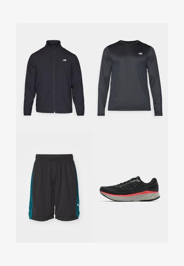 Musta vetoketjullinen takki, jossa on korkea kaulus, kevyt kangas ja pitkät hihat. Sisältää pienen, heijastavan logon vasemmassa rinnassa.; Pitkähihainen urheilupaita mustana, valmistettu sileästä, kevyestä kankaasta, jossa on hienovarainen tekstuuri. Ominaisuuksiin kuuluu pieni logo vasemmassa ylärinnassa.; Puma SHOT BLOCKER SHORT - Urheilushortsit - black/cold green; Musta juoksukenkä, jossa on verkkomateriaali yläosassa, jota korostaa vaaleanpunainen välikerroksen raita ja harmaa pohja. Kenkässä on teksturoitu yksityiskohta ja joustava pohjarakenne.