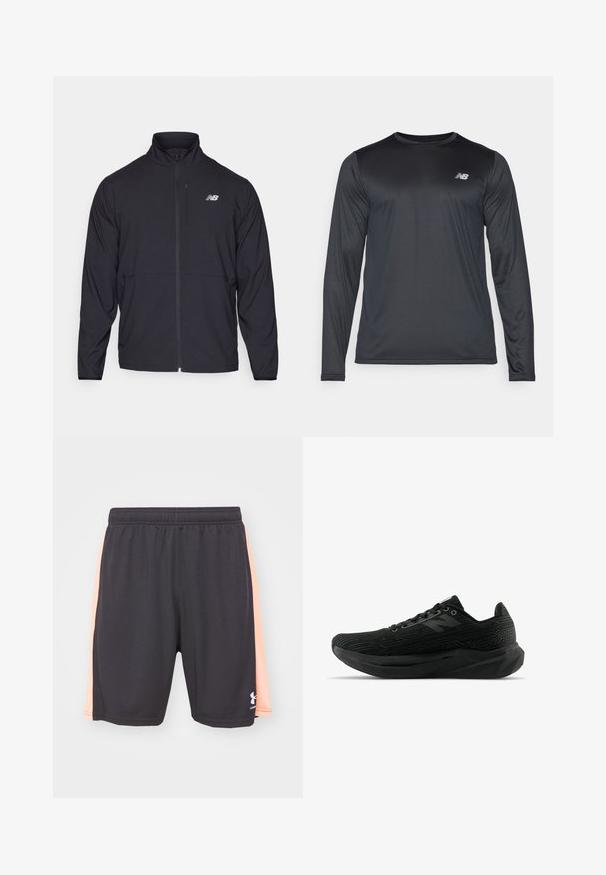 Musta vetoketjullinen takki, jossa on korkea kaulus, kevyt kangas ja pitkät hihat. Sisältää pienen, heijastavan logon vasemmassa rinnassa.; Pitkähihainen urheilupaita mustana, valmistettu sileästä, kevyestä kankaasta, jossa on hienovarainen tekstuuri. Ominaisuuksiin kuuluu pieni logo vasemmassa ylärinnassa.; Mustat urheilushortsit, joissa on persikanväriset sivupaneelit ja joustava vyötärö, varustettu valkoisella Under Armour -logolla vasemmassa alareunassa.; Mustat urheilukengät, joissa on teksturoitu päällys, tyylikäs muotoilu, nauhakiinnitys ja paksumpi uritettu pohja paremman pidon takaamiseksi.