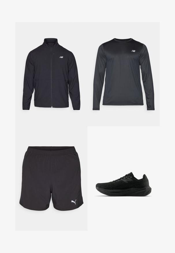 Black zip-up jacket with a high collar, lightweight fabric, and long sleeves. Features a small, reflective logo on the left chest.; Long-sleeve athletic shirt in black, made of smooth, lightweight fabric with a subtle texture. Features small logo on the upper left chest.; Black athletic shorts made of lightweight fabric, featuring an elastic waistband and a small white Puma logo on the left side.; Black athletic shoe with textured upper, featuring a sleek design, lace-up closure, and a thicker treaded sole for enhanced grip.