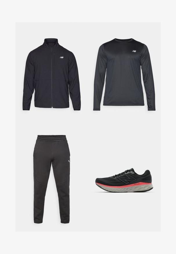Svart jakke med glidelås og høy krage, lett stoff og lange ermer. Har en liten, reflekterende logo på venstre bryst.; Langermet treningsskjorte i svart, laget av glatt, lett stoff med en subtil tekstur. Har en liten logo på øvre venstre bryst.; Svarte joggebukser laget av mykt materiale, med snøring i livet, sidelommer og subtil logo-detalj på venstre lår.; Svarte joggesko med mesh-overdel, accentuert av en rosa mellomsålestripe og grå yttersåle. Har teksturerte detaljer og et fleksibelt såledesign.