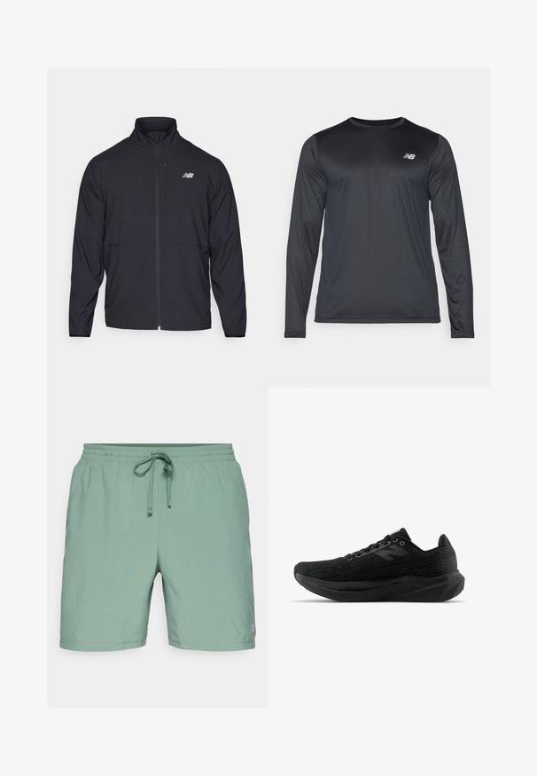 Zwarte zip-up jack met een hoge kraag, lichtgewicht stof en lange mouwen. Heeft een klein, reflecterend logo op de linker borst.; Langzaam mouw atletisch shirt in zwart, gemaakt van soepele, lichte stof met een subtiele textuur. Voorzien van een klein logo op de bovenste linkerborst.; Lichtgroene zwembaden met een elastische tailleband en trekkoord. Gladde textuur, knielengte ontwerp, met een logo aan de zijkant.; Zwarte sportieve schoen met een gestructureerde bovenkant, voorzien van een strak ontwerp, vetersluiting en een dikkere, profielzool voor verbeterde grip.