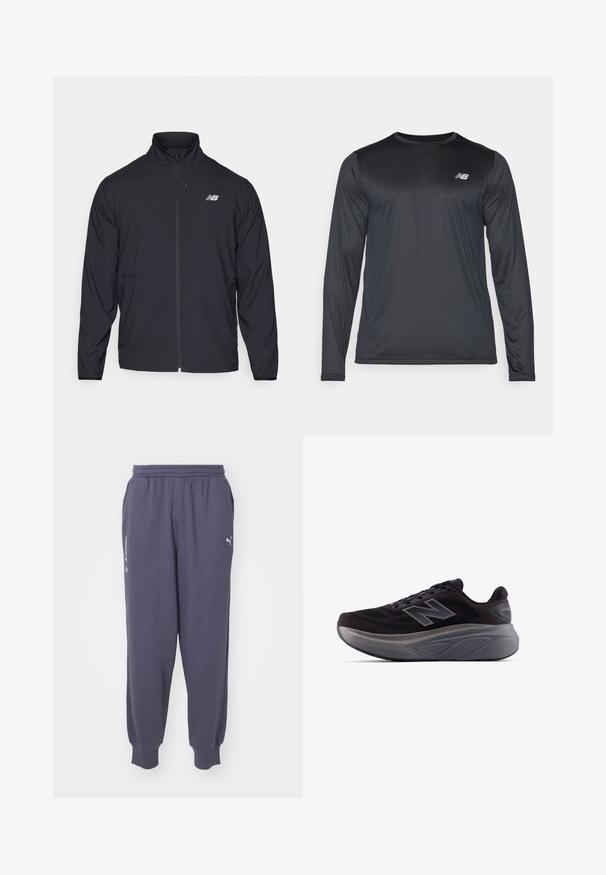 Casaco preto com fecho éclair, colarinho alto, tecido leve e mangas longas. Apresenta um pequeno logótipo refletor no lado esquerdo do peito.; Camisa atlética de manga longa em preto, feita de um tecido suave e leve com uma textura subtil. Apresenta um pequeno logótipo na parte superior esquerda do peito.; Puma BMW MMS ESS - Calças de fato de treino - galactic gray; Sapatilha atlética preta com um cabedal texturizado, calcanhar reforçado e uma sola cinza grossa. Apresenta um destacado logo "N".