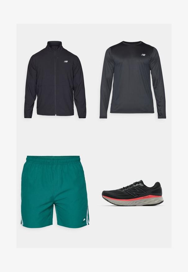 Chaqueta negra con cremallera y alto cuello, de tejido ligero y mangas largas. Presenta un pequeño logo reflectante en el lado izquierdo del pecho.; Camiseta atlética de manga larga en negro, hecha de una tela suave y ligera con una sutil textura. Presenta un pequeño logo en la parte superior izquierda del pecho.; Bañadores de hombre en tejido verde azulado, con cintura elástica, dos rayas laterales en blanco y un pequeño detalle de logo en el dobladillo.; Zapatilla de correr negra con parte superior de malla, acentuada por una franja de media suela rosa y una suela exterior gris. Presenta detalles texturizados y un diseño de suela flexible.