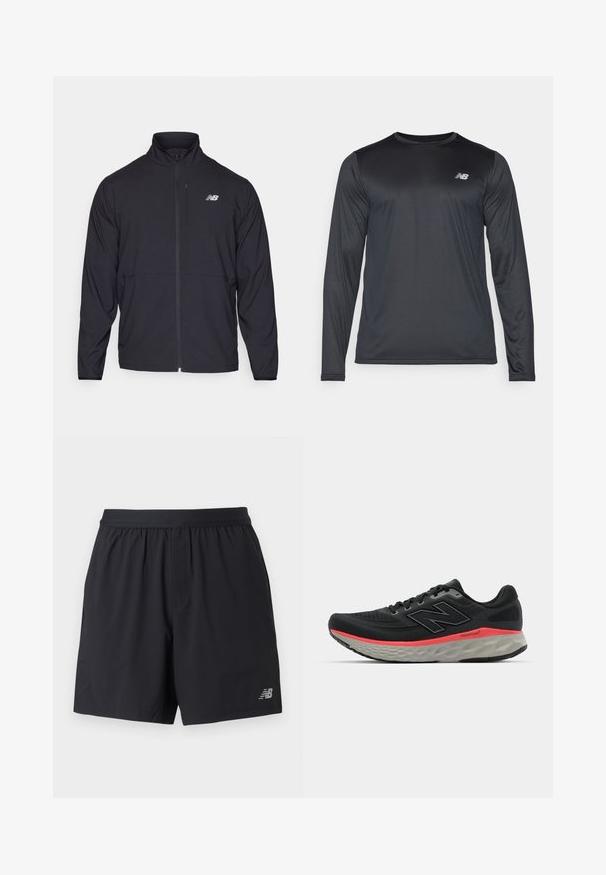 Zwarte zip-up jack met een hoge kraag, lichtgewicht stof en lange mouwen. Heeft een klein, reflecterend logo op de linker borst.; Langzaam mouw atletisch shirt in zwart, gemaakt van soepele, lichte stof met een subtiele textuur. Voorzien van een klein logo op de bovenste linkerborst.; Zwarte sportshorts van lichtgewicht stof, met een elastische tailleband, zijzakken en een reflecterende logo rechts onderaan.; Zwarte hardloopschoen met een bovenwerk van mesh, geaccentueerd door een roze tussenzoolstreep en een grijze outsole. Bevat textuurdetails en een flexibele zoolontwerp.