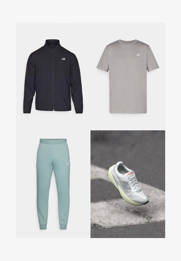 Fekete cipzáras dzseki magas gallérral, könnyű anyagból és hosszú ujjakkal. Kicsi, fényvisszaverő logo található a bal mellen.; Szürke, rövid ujjú póló, puha anyagból készült, finom világoskék logóval a bal mellrészen. Kerek nyakú, normál szabású.; Világoszöld melegítőnadrág, bordázott derékpánttal, szűkülő lábszárral, fehér PUMA logóval a bal combon. Puha pamut keverék anyag.; Könnyű futócipő fehér hálós felsőrésszel, sárga középtalppal és szürke akcentusokkal. Jellemzője a feltűnő "N" logó és a texturált felület.