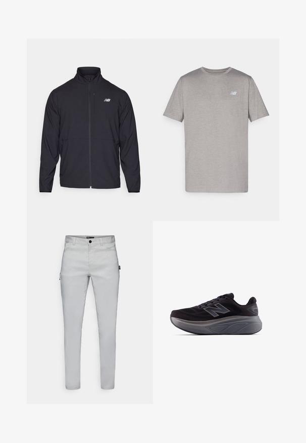 Fekete cipzáras dzseki magas gallérral, könnyű anyagból és hosszú ujjakkal. Kicsi, fényvisszaverő logo található a bal mellen.; Szürke, rövid ujjú póló, puha anyagból készült, finom világoskék logóval a bal mellrészen. Kerek nyakú, normál szabású.; Világosszürke, slim-fit nadrág sima textúrával, elöl gombos záródással és diszkrét oldalsó zsebekkel a praktikum érdekében.; Fekete sportcipő texturált felsőrésszel, megerősített sarkal és vastag szürke talppal. Kiemelkedő "N" logóval rendelkezik.