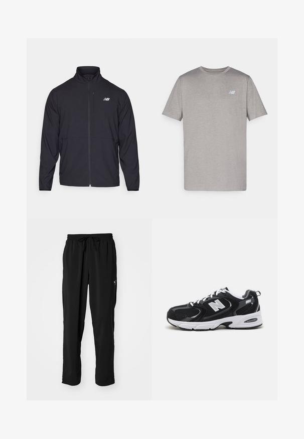 Mustmustaga mustal tõmbluku ja kõrge kaelusega, kerge kangaga ja pikkade varrukatega. Vasakul rinnal on väike peegeldav logo.; Hall narmastee t-särk pehmest kangast, õlavarre pikkusega ja halli tooniga, millel vasakul rinnal on kerge helesinine logo. Ümmargune kaelus, tavaline lõige.; Mustad mustusharjad spordipüksid, mis on valmistatud kergest ja siledast kangast, elastse vöökoha ja reguleeritava kinnitustõmblusega, külgedel on logoprindid.; Must värvi ja hallid spordijalatsid, mille ülemine osa on valmistatud võrgust ja nahast, valge vaheosaga, paeltega ja küljel julge "N" logo.