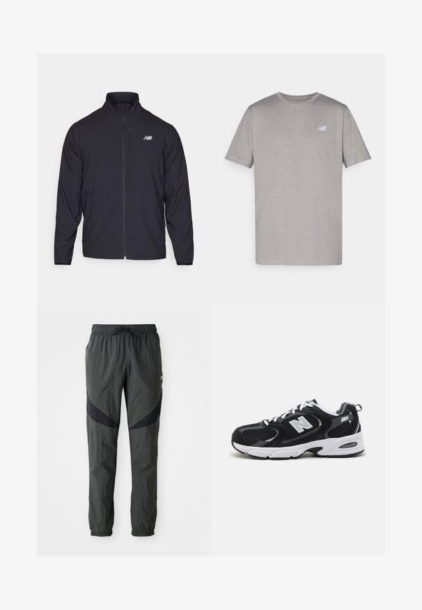 Juoda zip-up striukė su aukštu apykakle, lengvos medžiagos ir ilgomis rankovėmis. Yra mažas, atspindintis logotipas kairėje krūtinės pusėje.; Pilkas trumpas rankovėmis marškinėliai, pagaminti iš minkštos medžiagos, su subtiliu šviesiai mėlynu logotipu kairiajame krūtinės puodelyje. Apvalus iškirpimas, reguliaraus kirpimo.; Tamsiai pilkos nailono vėjui atsparios kelnės, su juodomis detalėmis, elastingu juosmeniu su raišteliu ir elastinėmis kulkšnėmis.; Juodi ir pilki sportiniai batai su tinklu ir zomšos viršutine dalimi, su balta vidurio pade, raišteliais ir ryškiu "N" logotipu šone.