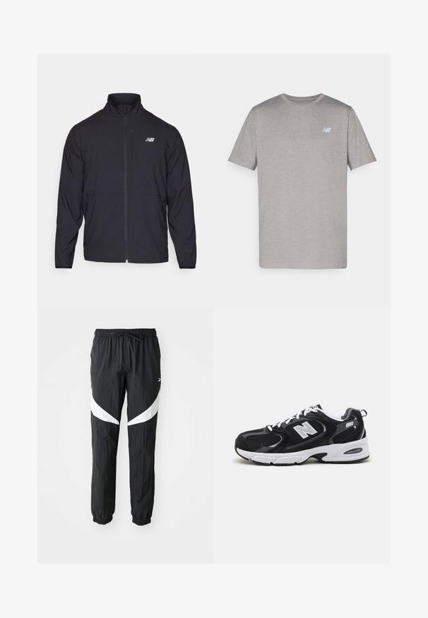 Črna jopica na zadrgo z visokim ovratnikom, lahkotna tkanina in dolgi rokavi. Ima majhen, odsevni logo na levem prsnem delu.; Siva kratka majica s kratkimi rokavi iz mehkega materiala, ki ima na levem prsnem delu subtilen logotip v svetlo modri barvi. Okrogli izrez, običajen kroj.; Črne športne hlače z elastičnim pasom in nastavljivo vrvico. Opremljene so z belimi ukrivljenimi paneli na straneh in elastičnimi manšetami na gležnjih.; Črne in sive športne čevlje z zgornjim delom iz mrežaste in semiš usnja, s belim srednjim podplatom, vezalkami in močnim logotipom "N" na strani.