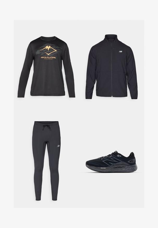 Black zip-up jacket with a high collar, lightweight fabric, and long sleeves. Features a small, reflective logo on the left chest.; ASICS FUJITRAIL LOGO TOP - Long sleeved top - performance black; Black athletic leggings made from stretch fabric. Features a drawstring waistband and a small reflective logo on the front right thigh.; Men's running shoes in black mesh with a thick gray sole, circular texture, and reflective accents. Features "New Balance" logo on the side.
