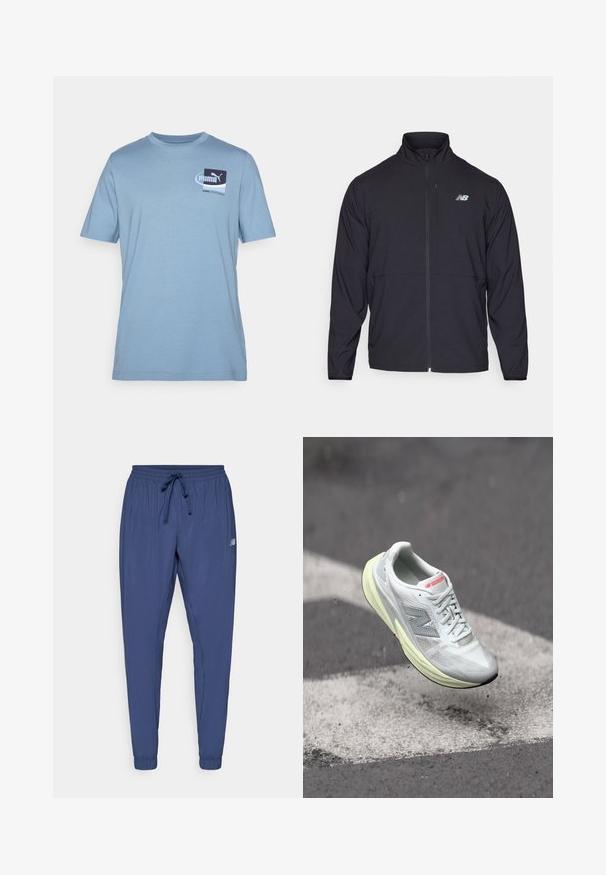Schwarze Zip-Jacke mit hohem Kragen, aus leichtem Material und langen Ärmeln. Verfügt über ein kleines, reflektierendes Logo auf der linken Brust.; Hellblaue Baumwoll-T-Shirt mit kurzen Ärmeln, das ein quadratisches Logodesign in Dunkelblau und Weiß auf der linken Seite der Brust zeigt.; Dunkelblaue Sporthose mit elastischem Bund, Kordelzug und schmal zulaufenden Bündchen. Sie verfügt über Seitentaschen und ein kleines Logo an einem Bein.; Leichter Laufschuh mit einem weißen Mesh-Obermaterial, gelber Zwischensohle und grauen Akzenten. Enthält ein auffälliges ‚N‘-Logo und eine strukturierte Oberfläche.