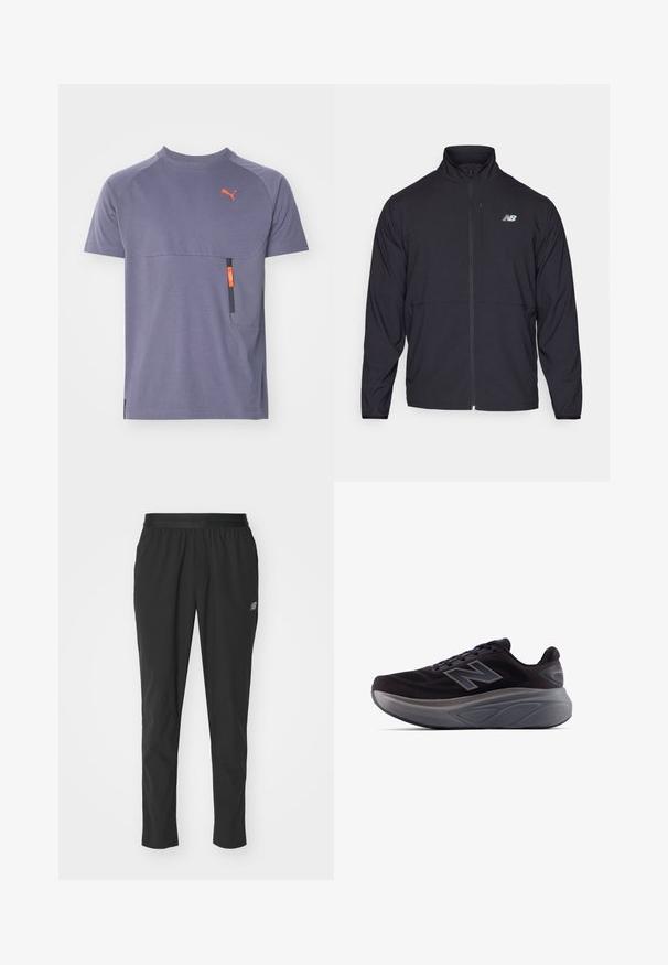 Černá zipová bunda s vysokým límcem, vyrobena z lehkého materiálu a s dlouhými rukávy. Obsahuje malé, reflexní logo na levé hrudi.; Fialové sportovní tričko vyrobené z prodyšného materiálu, s vodorovnou kapsou v oranžových a černých akcentů a raglánovými rukávy.; Černé sportovní kalhoty vyrobené z lehkého materiálu s elastickým pasem, tapered designem a nenápadným logem na straně.; Černá sportovní bota s texturovaným svrškem, vyztuženým podpatkem a tlustou šedou podrážkou. Obsahuje výrazné logo "N".