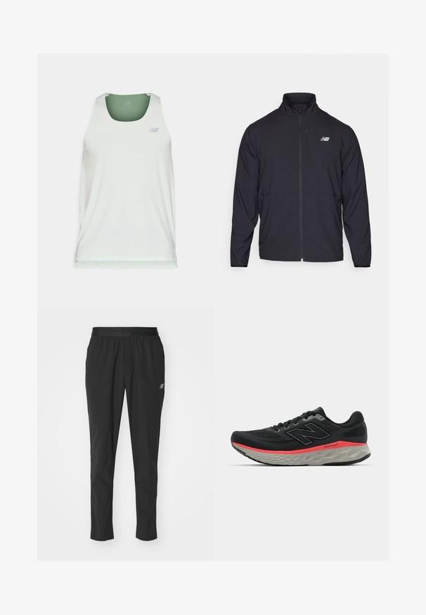 Juoda zip-up striukė su aukštu apykakle, lengvos medžiagos ir ilgomis rankovėmis. Yra mažas, atspindintis logotipas kairėje krūtinės pusėje.; Šviesiai žalia be rankovių sportinė palaidinė, pagaminta iš lygaus audinio. Turi apvalų iškirpimą ir subtilų logotipą priekyje.; Juodos sportinės kelnės, pagamintos iš lengvos medžiagos, su elastingu juosmeniu, siaurėjančiu dizainu ir subtiliu logotipo akcentu šone.; Juoda bėgimo batelis su tinklelio viršumi, akcentuotas rožiniu vidiniu padų juosta ir pilku padu. Yra tekstūruoti detalės ir lankstus pado dizainas.