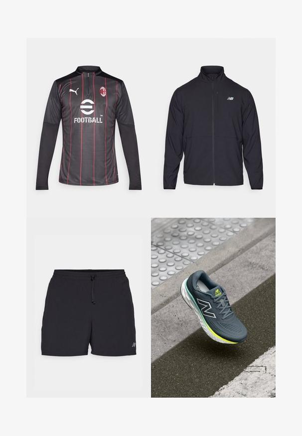 Zwarte zip-up jack met een hoge kraag, lichtgewicht stof en lange mouwen. Heeft een klein, reflecterend logo op de linker borst.; Zwarte footballtrui met lange mouwen en rode verticale strepen, voorzien van een halve rits kraag, logo-accenten en een gestructureerd stofontwerp.; Zwarte sportieve shorts gemaakt van lichtgewicht stof. Beschikt over een elastische tailleband met trekkoord, zijzakken en een klein logoaccent.; Grijze sportieve schoen met een gestructureerd bovenwerk, zwart-wit logo, groene accenten en een wit, gedempt zooltje. Geplaatst boven een trottoir.