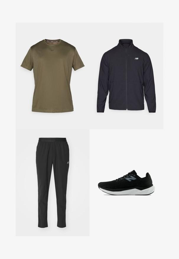 Černá zipová bunda s vysokým límcem, vyrobena z lehkého materiálu a s dlouhými rukávy. Obsahuje malé, reflexní logo na levé hrudi.; Olivově zelené tričko s krátkým rukávem vyrobené z hladkého materiálu. Má kulatý výstřih a decentní logo na hrudi, s jednoduchým a štíhlým designem.; Černé sportovní kalhoty vyrobené z lehkého materiálu s elastickým pasem, tapered designem a nenápadným logem na straně.; Černá sportovní obuv s texturovaným pleteným svrškem, bílou mezipodešví a černou podešví. Disponuje šněrováním a bočním logem.
