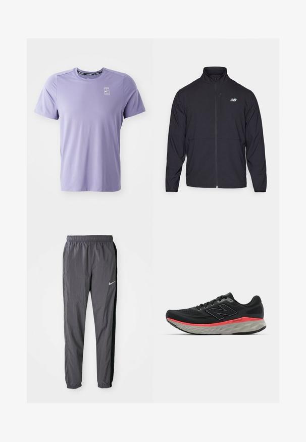 Fekete cipzáras dzseki magas gallérral, könnyű anyagból és hosszú ujjakkal. Kicsi, fényvisszaverő logo található a bal mellen.; Világoslila sportpóló lélegző anyagból, rövid ujjakkal. Kicsi fehér logóval rendelkezik a mellkasán és kerek nyakkivágással.; Nike melegítőnadrág, könnyű anyagból készült, sötétszürke színben, fekete oldalsó panelek mellett. Jellemzője a rugalmas derékbőség és a fényvisszaverő logó.; Fekete futócipő, hálós felsőrésszel, rózsaszín középtalppal és szürke talppal. Texturált részletekkel és rugalmas talp kialakítással rendelkezik.