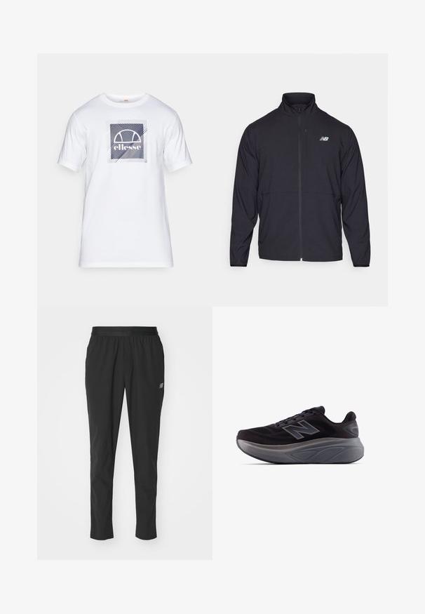 Chaqueta negra con cremallera y alto cuello, de tejido ligero y mangas largas. Presenta un pequeño logo reflectante en el lado izquierdo del pecho.; Camiseta de algodón blanca con un estampado gráfico cuadrado en azul marino que presenta un diseño de medio círculo y rayas diagonales. Cuello redondo clásico y mangas cortas.; Pantalones deportivos negros hechos de material ligero con cintura elástica, diseño ajustado y un sutil detalle del logo en el lateral.; Zapatilla deportiva negra con un empeine texturizado, refuerzo en el talón y una suela gruesa gris. Presenta un destacado logo de "N".
