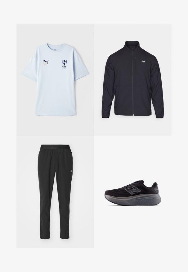 Veste noire zippée avec un col montant, en tissu léger et à manches longues. Présente un petit logo réfléchissant sur la poitrine gauche.; T-shirt bleu clair à manches courtes en tissu doux, présentant un logo bleu foncé sur la poitrine et des détails brodés.; Pantalons de sport noirs en matériau léger avec une taille élastique, un design fuselé et un logo discret sur le côté.; Baskets de sport noires avec un dessus texturé, talon renforcé et une semelle épaisse grise. Affiche un logo "N" bien visible.