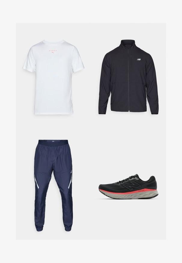 Musta vetoketjullinen takki, jossa on korkea kaulus, kevyt kangas ja pitkät hihat. Sisältää pienen, heijastavan logon vasemmassa rinnassa.; Valkoinen urheilupaita lyhyillä hihoilla, jossa on "HYROX" ja pieni logo korallinvärissä. Sileä rakenne, pyöreä kaula-aukko, normaali istuvuus.; ASICS LITE-SHOW PANT - Ulkohousut - midnight; Musta juoksukenkä, jossa on verkkomateriaali yläosassa, jota korostaa vaaleanpunainen välikerroksen raita ja harmaa pohja. Kenkässä on teksturoitu yksityiskohta ja joustava pohjarakenne.