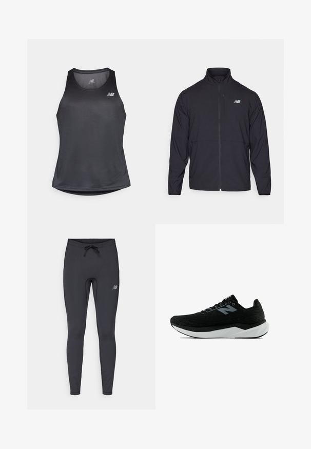 Casaco preto com fecho éclair, colarinho alto, tecido leve e mangas longas. Apresenta um pequeno logótipo refletor no lado esquerdo do peito.; Camisola de desporto preta, feita de um tecido que absorve a humidade, com decote redondo e uma textura ligeiramente canelada, apresentando um logótipo branco no peito.; Leggings atléticas pretas feitas de tecido elástico. Apresentam um cós com cordão e um pequeno logótipo refletor na parte frontal da coxa direita.; Sapato atlético preto com parte superior de malha texturada, entressola branca e sola preta. Apresenta fecho com atacadores e detalhe do logo lateral.