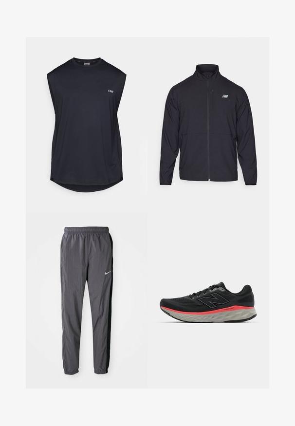 Crna jakna na zip s visokim ovratnikom, lagani materijal i dugi rukavi. Sadrži mali reflektirajući logo na lijevoj strani prsnog područja.; Tamno mornarsko plava bezrukava atletska majica napravljena od teksturiranog materijala. Ima zaobljeni rub i mali logo na prednjem lijevom dijelu. Prozračan dizajn.; Nike trenirke, napravljene od laganog materijala, u tamno sivoj boji s crnim bočnim panelima. Sadrže elastičnu traku u struku i reflektirajući logo.; Crne trkačke tenisice s mrežastim gornjim dijelom, naglašene ružičastom prugom na srednjem dijelu i sivim potplatom. Sadrže teksturirane detalje i fleksibilan dizajn potplata.