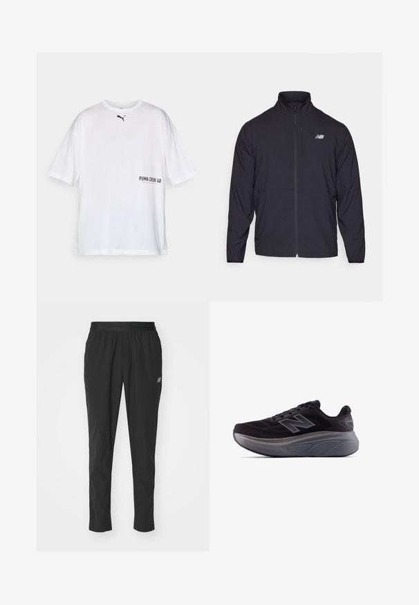 Musta vetoketjullinen takki, jossa on korkea kaulus, kevyt kangas ja pitkät hihat. Sisältää pienen, heijastavan logon vasemmassa rinnassa.; Valkoinen puuvillapaita lyhyillä hihoilla, pyöreällä kaula-aukolla, jossa on pieni musta Puma-logo ja "PUMA CREW 48" mustana painettuna etuosassa.; Musta urheiluhousut, jotka on valmistettu kevyestä materiaalista, joustavalla vyötärönauhalla, kapenevalla muotoilulla ja hillityllä logolla sivussa.; Mustat urheilukengät, joissa on teksturoitu pinta, vahvistettu kanta ja paksu harmaa pohja. Ominaisuutena hyvin näkyvä "N"-logo.