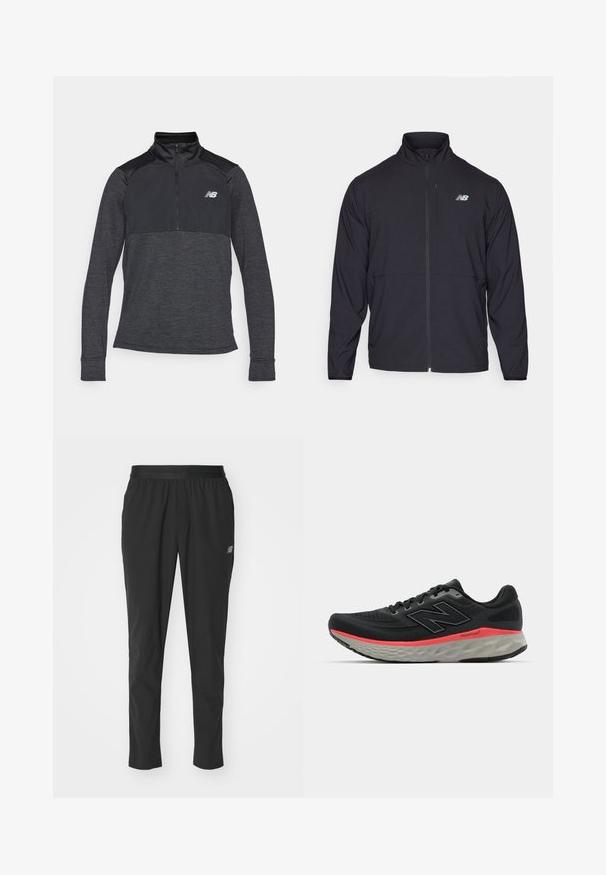 Black zip-up jacket with a high collar, lightweight fabric, and long sleeves. Features a small, reflective logo on the left chest.; Black athletic long-sleeve top with a quarter-zip collar, featuring a textured fabric and a small logo on the left chest.; Black athletic pants made of lightweight material with an elastic waistband, tapered design, and subtle logo detail on the side.; Black running shoe with mesh upper, accented by a pink midsole stripe and grey outsole. Features textured details and a flexible sole design.