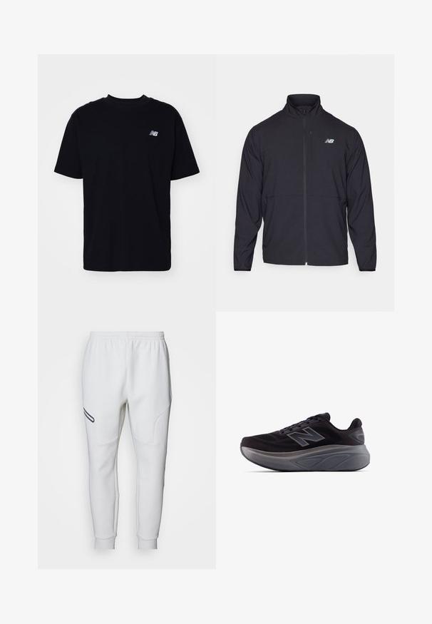 Juoda zip-up striukė su aukštu apykakle, lengvos medžiagos ir ilgomis rankovėmis. Yra mažas, atspindintis logotipas kairėje krūtinės pusėje.; Juodas medvilnės marškinėliai su apvaliu kaklu, trumpomis rankovėmis ir mažuoju iškilniu logotipu kairiajame krūtinės šone. Klasikinis siluetas ir glotni tekstūra.; Balti sportiniai šortai su minkšta, lygi tekstūra. Savybės apvalūs šoninių panelių kraštai ir juodas akcentinis dryžis. Elastinga juosmens juosta, užtikrinanti reguliuojamą prigludimą.; Juodas sportinis batelis su tekstūruotu viršumi, sustiprintu kulnu ir storu pilku padu. Yra ryškus "N" logotipas.