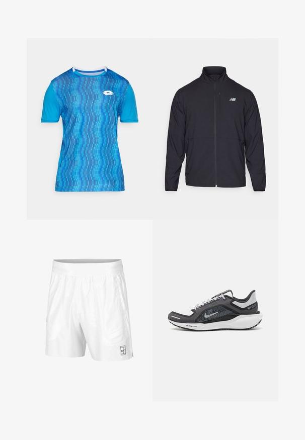 Chaqueta negra con cremallera y alto cuello, de tejido ligero y mangas largas. Presenta un pequeño logo reflectante en el lado izquierdo del pecho.; Camiseta atlética azul de manga corta, con un patrón degradado de rayas verticales y un logo blanco en la parte frontal. Material sintético.; Pantalones cortos deportivos blancos hechos de una tela ligera con una cinturilla elástica, que cuentan con dos bolsillos laterales y un pequeño logo negro en el dobladillo.; Zapatilla deportiva negro y gris con parte superior de malla, acentos reflectantes y una entresuela blanca. Presenta una suela de goma texturizada y cordones.