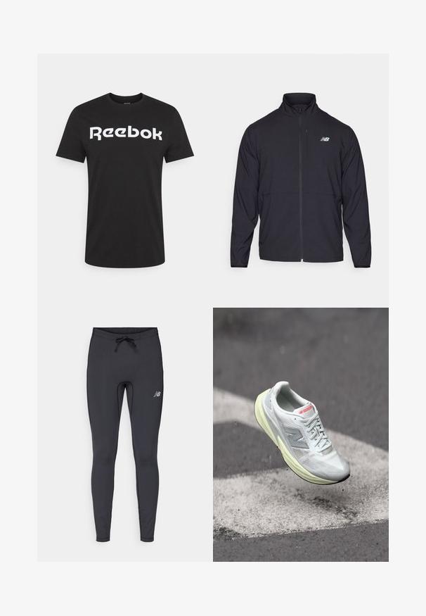 Black zip-up jacket with a high collar, lightweight fabric, and long sleeves. Features a small, reflective logo on the left chest.; Black cotton t-shirt featuring a large white "Reebok" logo across the chest. Short sleeves and crew neck design.; Black athletic leggings made from stretch fabric. Features a drawstring waistband and a small reflective logo on the front right thigh.; Lightweight running shoe with a white mesh upper, yellow midsole, and gray accents. Features a prominent ‘N’ logo and textured surface.