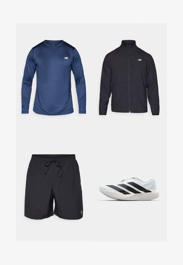 Fekete cipzáras dzseki magas gallérral, könnyű anyagból és hosszú ujjakkal. Kicsi, fényvisszaverő logo található a bal mellen.; Sötétkék, hosszú ujjú sportpóló, textúrált anyagból készült, kerek nyakú és kontrasztos vállrész díszítéssel rendelkezik. A mellkason látható a logó.; Fekete, derékra húzható elasztikus short, állítható zsinórral és kis fényvisszaverő logóval a bal lábon.; Világoskék, fekete csíkos könnyű futószerek. Simább felső résszel, kerek orral és vastag fehér középtalppal, amelyen a "LIGHTSTRIKE PRO" felirat olvasható.