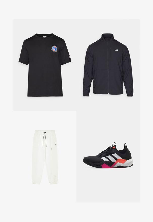 Czarna kurtka z suwakiem, z wysokim kołnierzem, wykonana z lekkiego materiału i z długimi rękawami. Posiada małe, odblaskowe logo na lewej piersi.; Czarny bawełniany t-shirt z krótkim rękawem, z okrągłą graficzną ilustracją koszykówki w kolorach czerwonym, niebieskim i białym na klatce piersiowej oraz małym logo na rękawie.; Białe, lekkie dresy z elastycznym paskiem w talii i sznurkiem. Posiadają zwężane mankiety i boczne kieszenie. Udekorowane czarnym logo.; Czarne buty sportowe z białymi paskami, teksturowana cholewka oraz gruba podeszwa z pomarańczowymi, różowymi i białymi akcentami. Sznurowana konstrukcja z uchwytem.