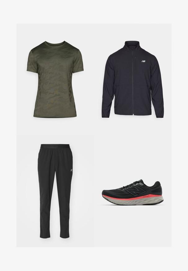 Zwarte zip-up jack met een hoge kraag, lichtgewicht stof en lange mouwen. Heeft een klein, reflecterend logo op de linker borst.; Olijfgroene t-shirt met korte mouwen, voorzien van een subtiel camouflagepatroon. Gemaakt van zachte stof met een ronde hals en een aansluitende pasvorm.; Zwarte sportieve broek van lichtgewicht materiaal met een elastische tailleband, een taps toelopend ontwerp en een subtiele logodetail aan de zijkant.; Zwarte hardloopschoen met een bovenwerk van mesh, geaccentueerd door een roze tussenzoolstreep en een grijze outsole. Bevat textuurdetails en een flexibele zoolontwerp.