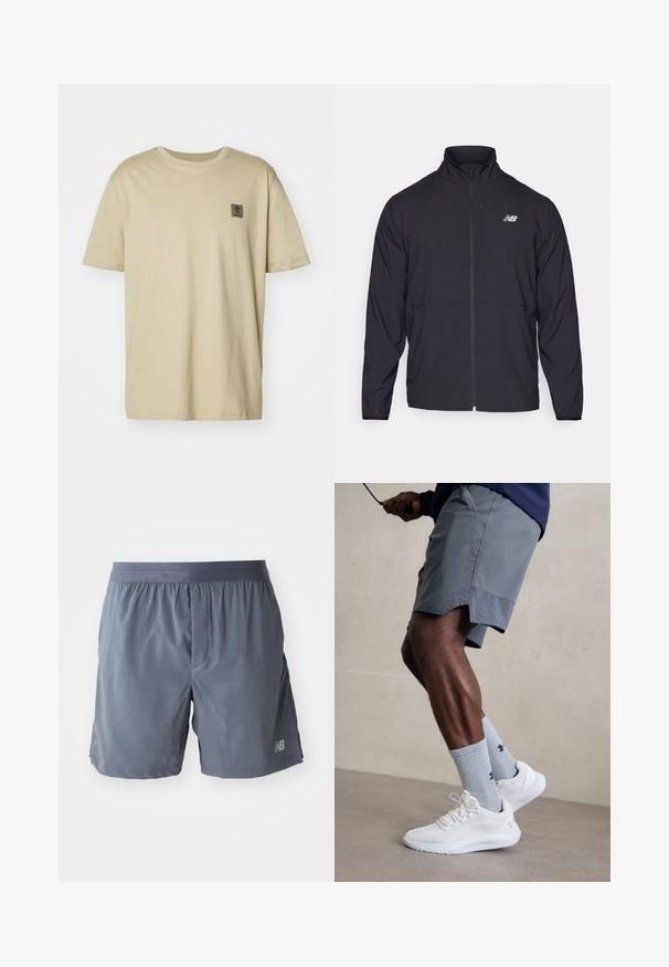 Černá zipová bunda s vysokým límcem, vyrobena z lehkého materiálu a s dlouhými rukávy. Obsahuje malé, reflexní logo na levé hrudi.; Beige bavlněné tričko s krátkým rukávem, kulatým výstřihem a malou tmavou nášivkou na horní levé straně. Hladká textura, volný střih.; Pánské sportovní šortky ve tmavě šedé barvě, vyrobené z lehkého materiálu. Mají elastický pás a malé logo na dolní části nohavic.; Bílé sportovní boty s texturovaným síťovaným svrškem, spárované se světle modrými pruhovanými ponožkami s logem. Šedé sportovní šortky s perforovaným lemem.