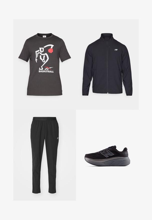 Sort zip-jakke med høj krave, letvægtsstof og lange ærmer. Har et lille, reflekterende logo på venstre bryst.; Sort bomulds t-shirt med en hvid basketballspiller grafik, rød bold accent og teksten "BASKETBALL" i hvidt og rødt. Korte ærmer.; Sorte atletiske bukser lavet af letvægtsmateriale med en elastisk talje, tapered design og diskret logodetalje på siden.; Sort atletisk sko med en tekstureret overdel, forstærket hæl og en tyk grå sål. Har et fremtrædende "N" logo.